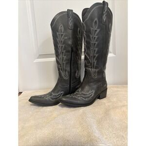 Cowgirl Boots Western Rodeo Charcoal Gray White Embroidery Stitch Size 7.5 M Zip